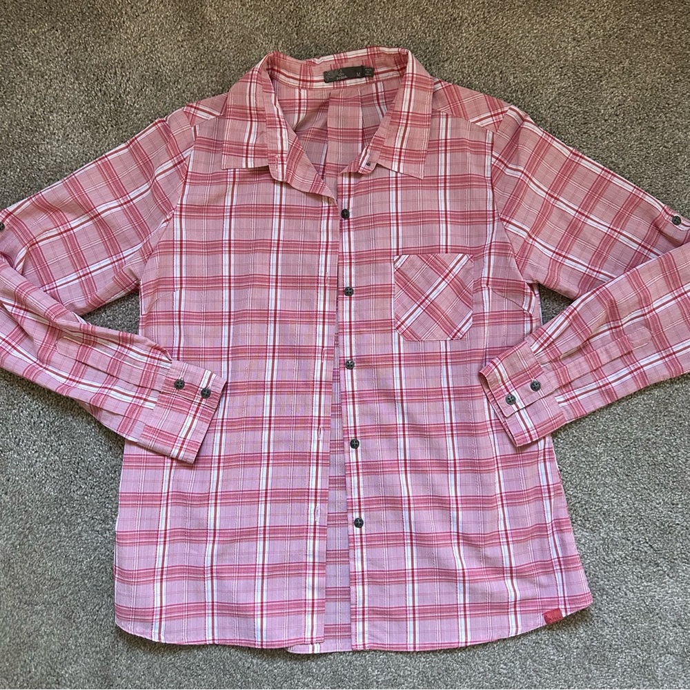 PRANA women’s light weight button up shirt - red and white plaid, size medium